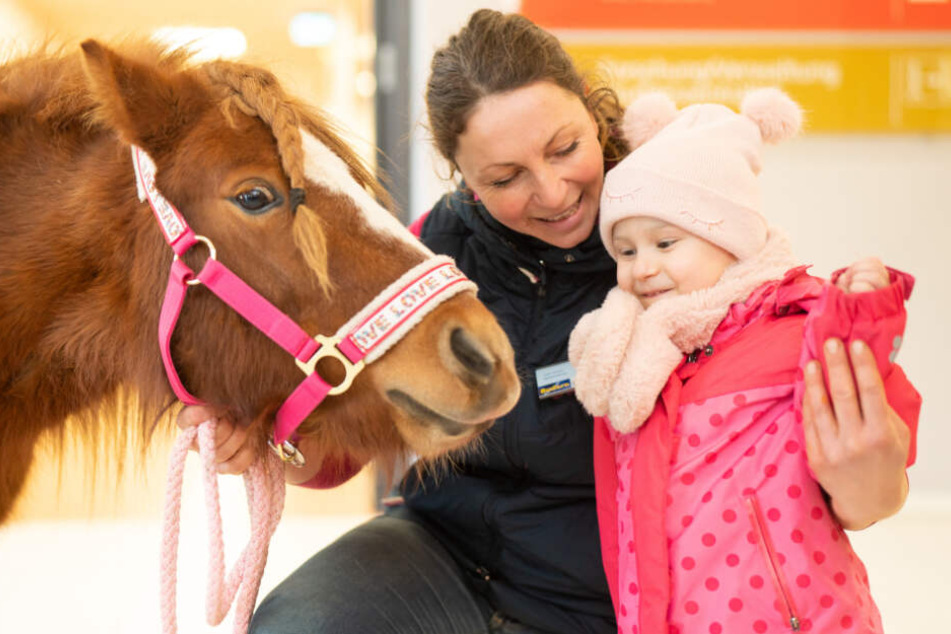 Reittherapeutin Ina Haue (35) mit der krebskranken Erisa (3) und Shetlandpony "Chexy" (2).