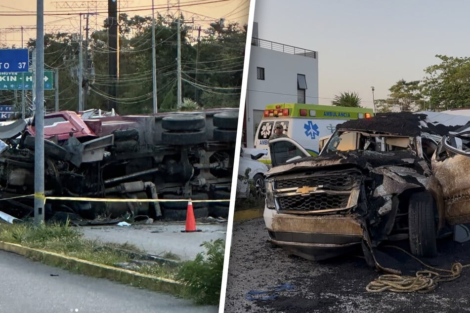 Bei dem schweren Verkehrsunfall kippte ein Laster mit heißem Asphalt um.