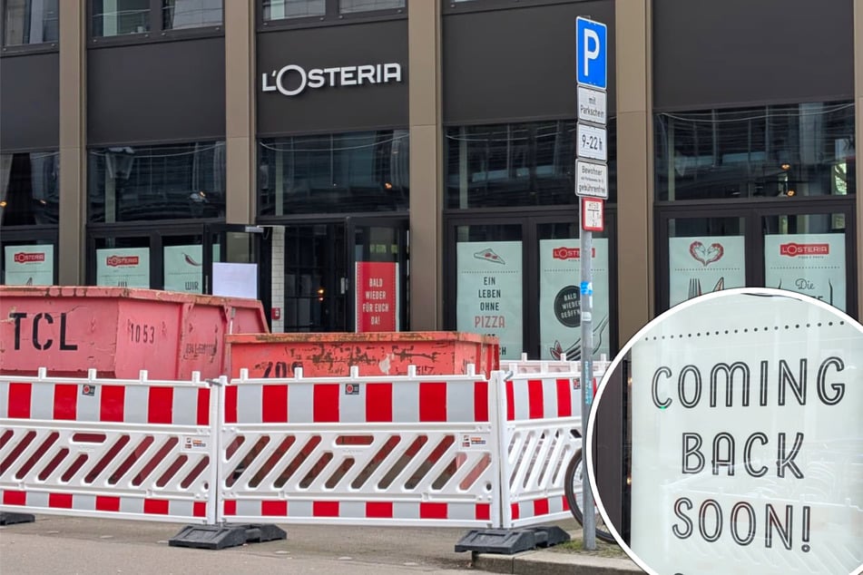 Vor dem Restaurant stehen Bauzäune und Container. Die Fenster sind zugeklebt.
