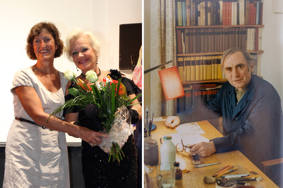 Foto links: Christine Esche (l.) begrüßte Dorit Gäbler 2019 als Stargast. Foto rechts: Ein seltenes Porträt von Henry Büttner (93) ist in der Heimatecke im Rathaus ausgestellt.