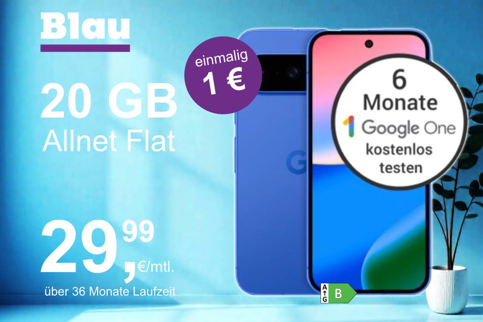 Das Google Pixel 10 im Blau Allnet M für einmalig 1 Euro.