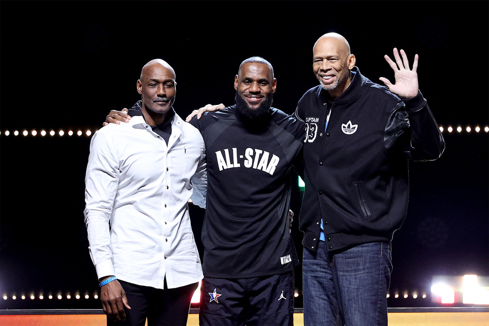 (From l to r) Karl Malone, LeBron James, and Kareem Abdul-Jabbar being honored at the 2023 NBA All Star Game in February.