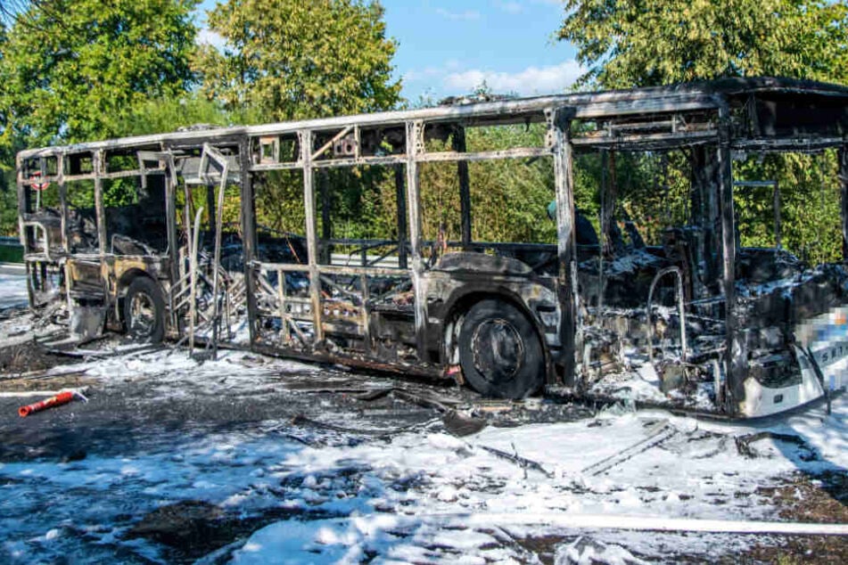 Der Bus brannte mitten auf der Landstraße komplett aus.