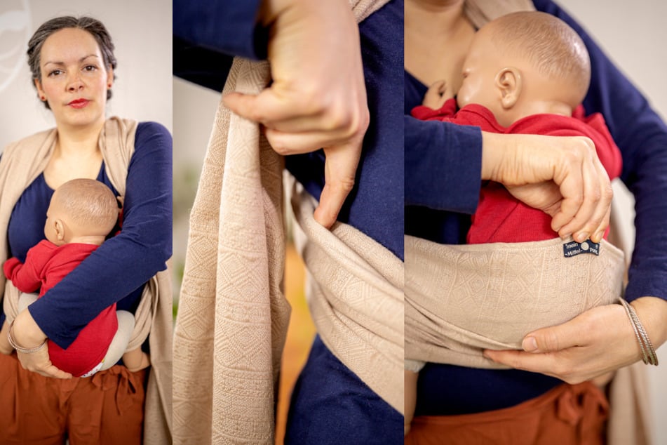 Abbildung 3: Stütze Dein Baby und bringe das Tragetuch in Position.