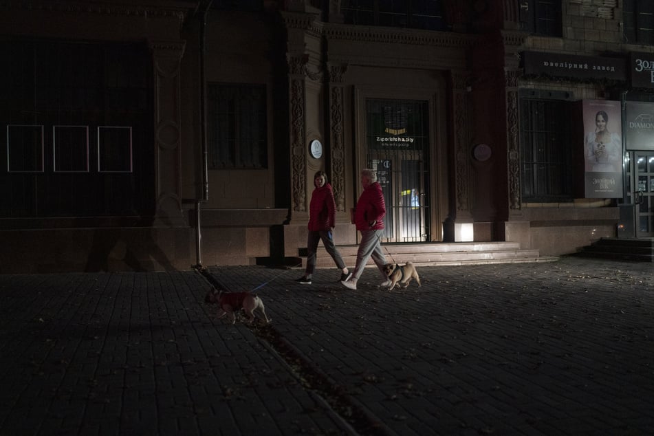 Passanten gehen mit ihren Hunden eine Straße in Saporischschja entlang.