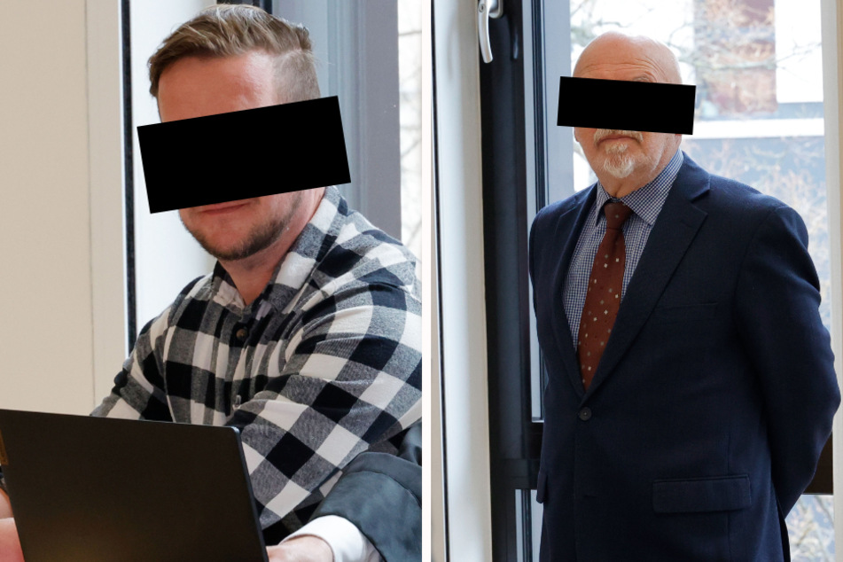 Stephan D. (37, l.) und Horst D. (73) müssen sich seit Donnerstag vor dem Chemnitzer Amtsgericht wegen Vorenthalten und Veruntreuen von Arbeitsentgelt verantworten.