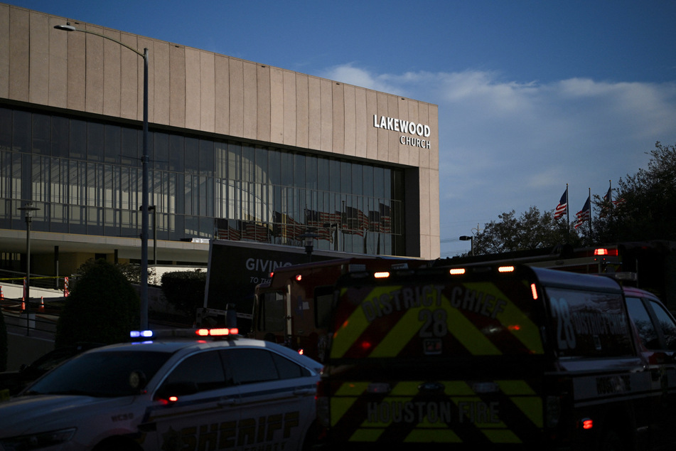 Law enforcement surround the area after a shooting incident at televangelist Joel Osteen's Lakewood Church in Houston, Texas, on February 11, 2024.
