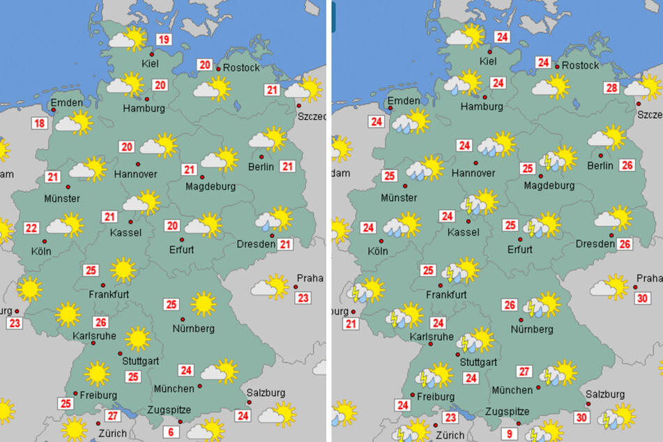 Die neue Woche startet weitgehend trocken, wie die Grafik (l.) für Montag zeigt. Am Sonntag (r.) werden vielerorts Gewitter und Regen erwartet.
