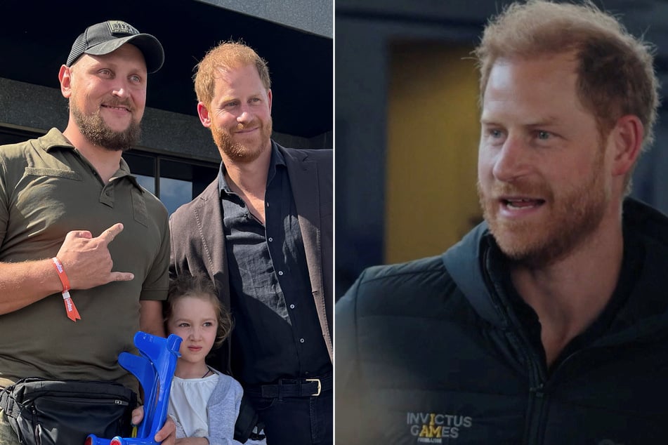 Prince Harry (r.) met with Ukrainian soldiers wounded in the war with Russia during a surprise trip to Kyiv on Friday.