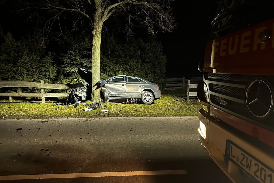 Aus unbekannter Ursache war das Fahrzeug in einem Baum am Straßenrand gekracht.