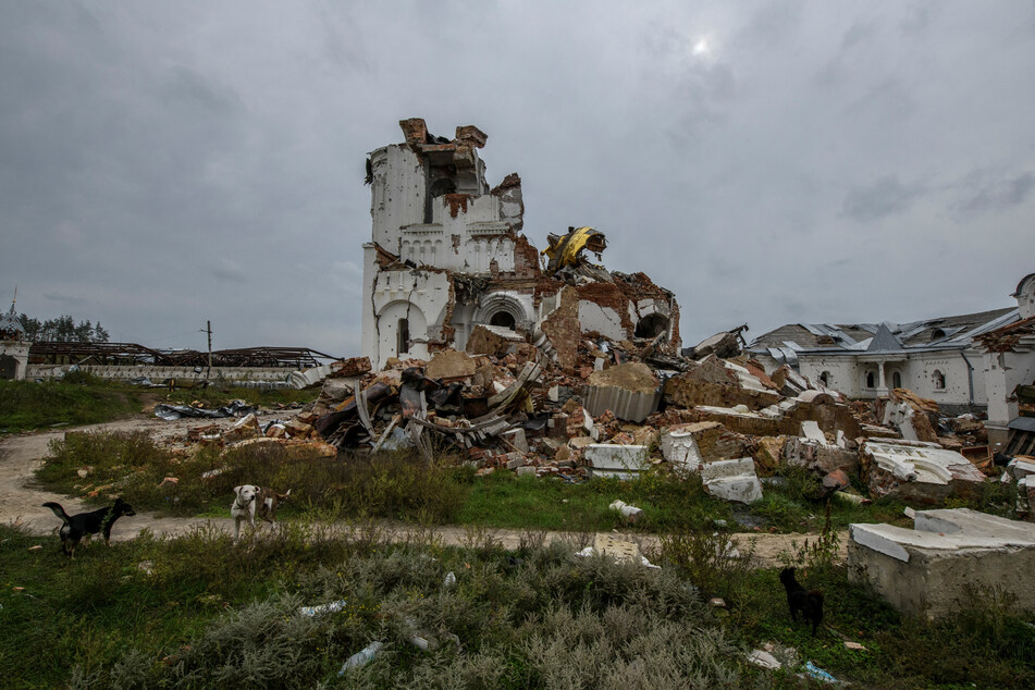 A destroyed church is seen in the village of Dolyna, in the Donetsk region, part of which was formally annexed by Russia.