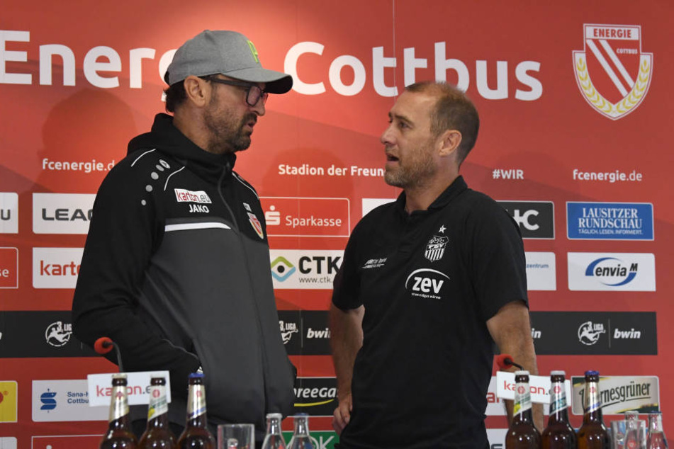 Sportlich Konkurrenten, aber ansonsten gute Freunde - Zwickau-Coach Joe Enochs (r.) und sein Cottbuser Kollege Claus-Dieter "Pele" Wollitz.