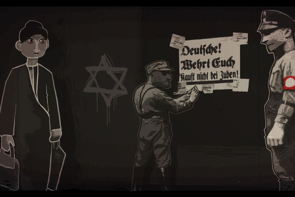 In dieser Szene aus dem Spiel "Through the Darkest of Times" wird der Boykott von jüdischen Geschäftsleuten dargestellt.