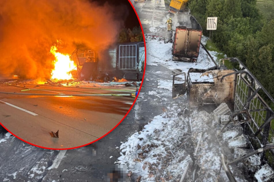Unfall A2: Schwerer Crash am Kreuz Magdeburg: Drei Lkw brennen auf der A2!