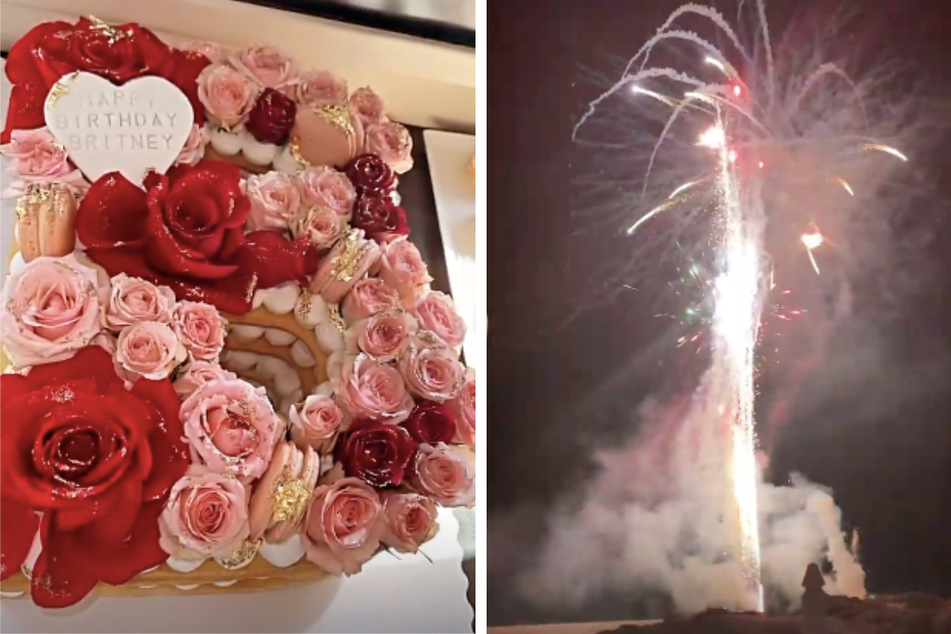 Sam Asghari shared videos in his IG Story of the couple ringing in Spears' 40th birthday with a B-shaped flower cake on a private jet (l.) and fireworks on the beach (r.).
