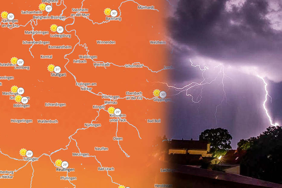 Bei Werten jenseits der 30 Grad stehen auch Gewitter ins Haus. (Fotomontage/Symbolbild)