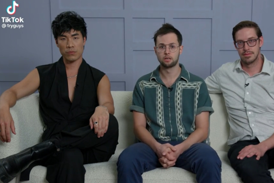 The remaining members of the Try Guys (from l. to r.: Eugene Lee Yang, Zach Kornfeld, and Keith Habersberger) speak about what happened in a recent YouTube video.