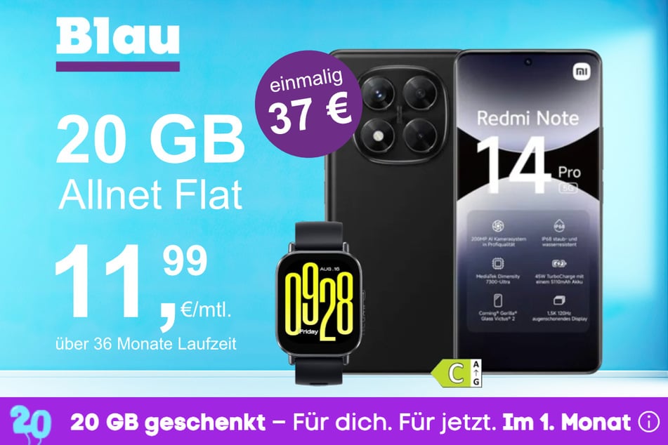Das Xiaomi Redmi Note 14 Pro + Watch 5 Active im Blau Allnet M für einmalig 37 Euro.