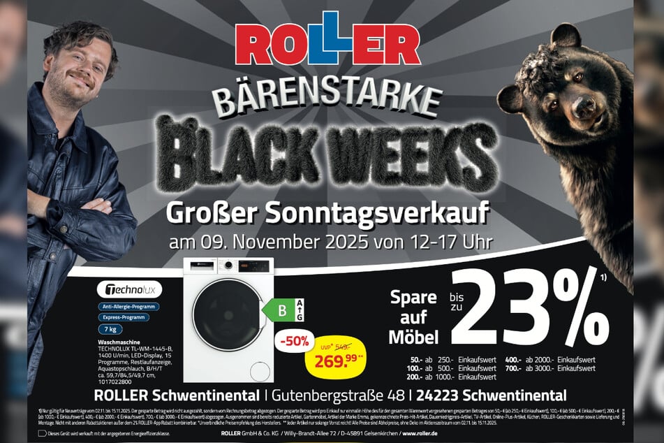 Zur Sonderöffnung (9.11.) bei ROLLER in Schwentinental gibt's u.a. Technolux Waschmaschinen satte 50 Prozent günstiger.