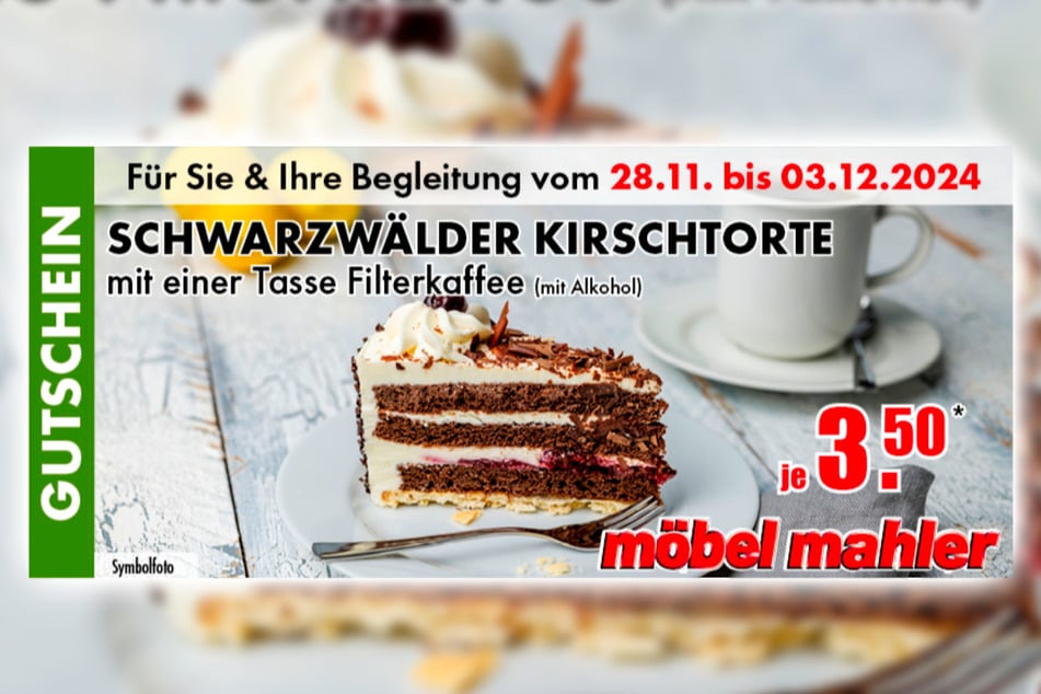 Einfach Coupon auf dem Handy an der Kasse vorzeigen, sparen und das Stück Schwarzwälder Kirschtorte genießen.