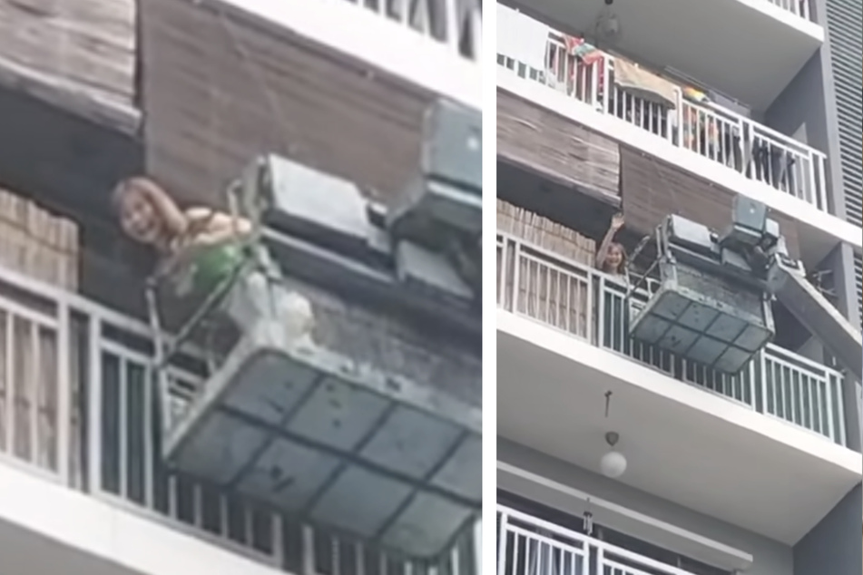 Geschafft! Die verrückte Mission klappte, indem die 40-Jährige per Kran auf den Balkon ihrer Wohnung gelangte.