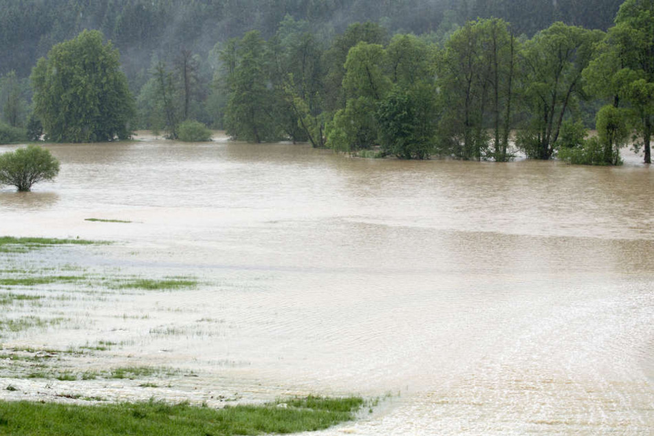 Wassermassen überfluten nach starken Regenfällen Wiesen im Vogtland. 