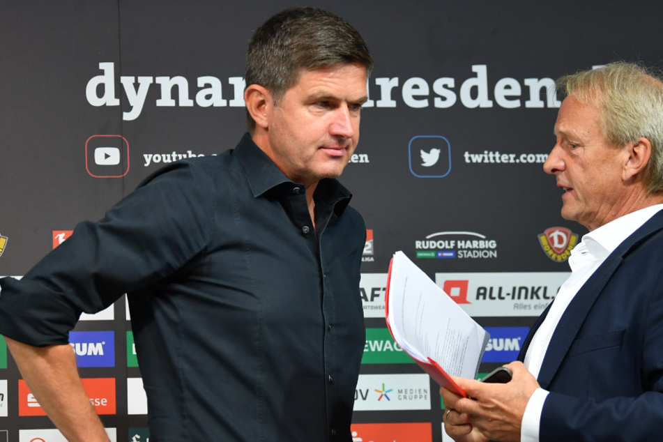 Aufsichtsratsvorsitzender Jens Heinig (rechts) im Gespräch mit Dynamos neuem Sportchef Ralf Becker.