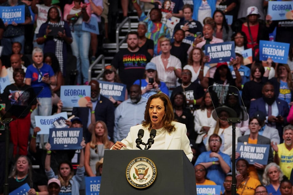 Democratic presidential nominee Kamala Harris speaks during a campaign rally in Savannah, Georgia.