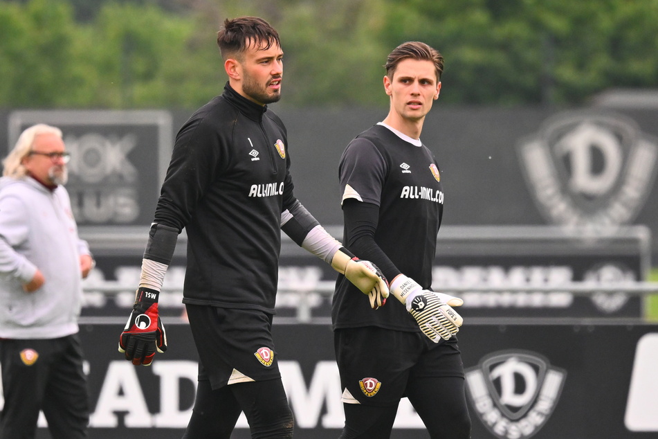 Zwei Torhüter, die keinen Vertrag haben, wenn Dynamo nicht aufsteigt: Stefan Drljaca (25, l.) und Daniel Mesenhöler (28).