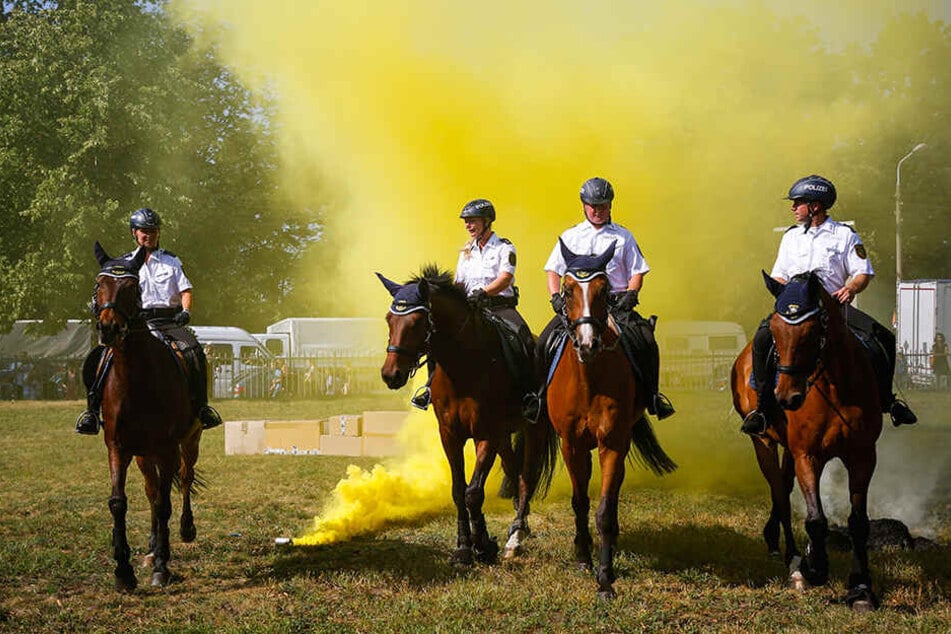 Die coolsten Pferde Sachsens: Völlig unbeeindruckt schritten die Pferde der Polizeireiterstaffel Großerkmannsdorf gemächlich durch die Rauchschwaden von Bengalischem Feuer.