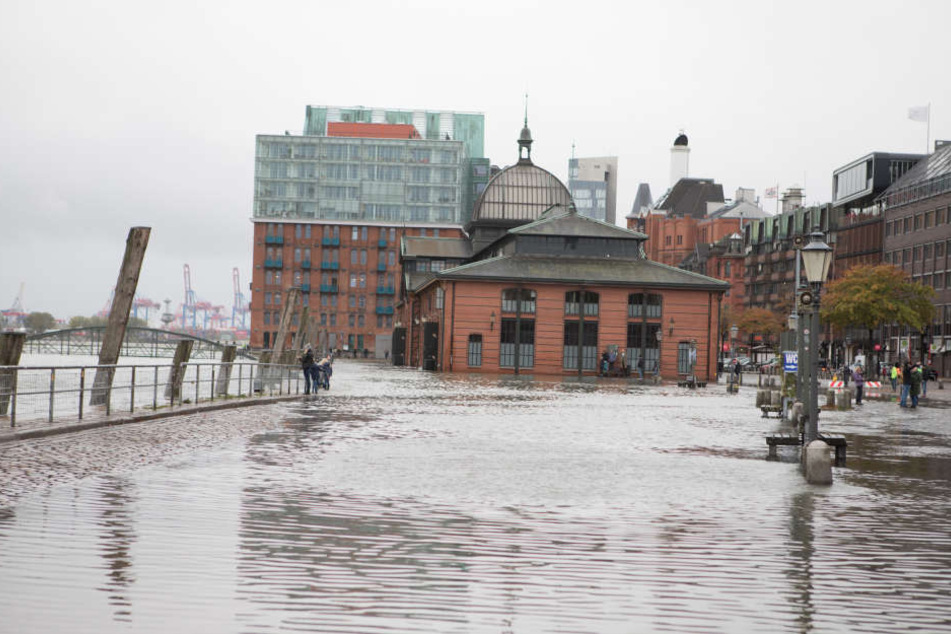 Am Hamburger Fischmarkt trat die Elbe über das Ufer.