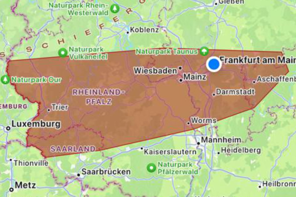 Der rot markierte Bereich zeigt das Areal, für welches die Warn-App NINA am Mittwochmorgen eine Warnung vor extremem Glatteis verschickte.