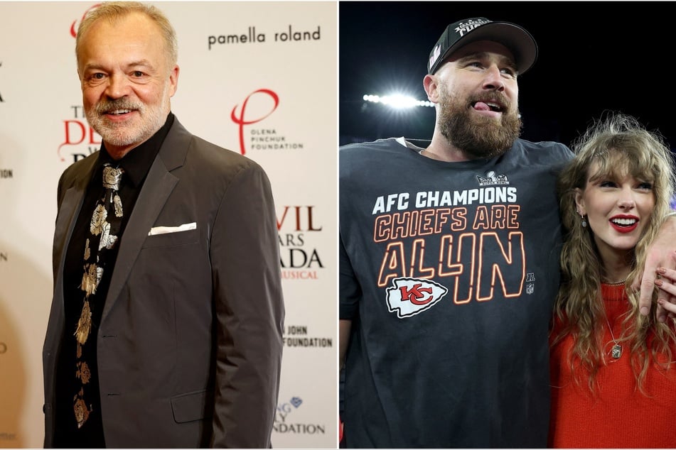 Graham Norton (l.) revealed that he didn't sign any NDAs for Taylor Swift (r.) and Travis Kelce's anticipated nuptials.