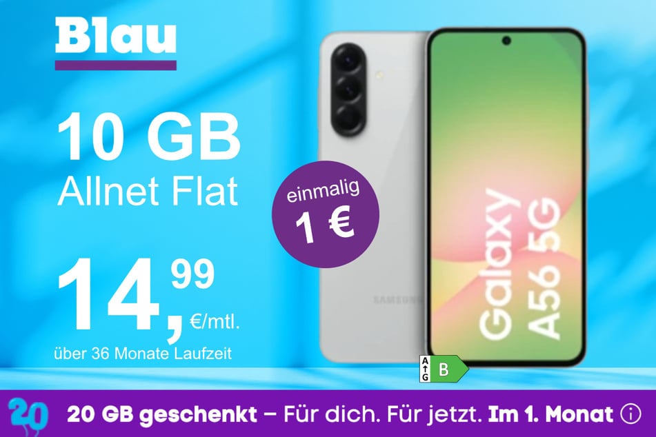 Das Samsung Galaxy A56 5G im Blau Allnet S für einmalig 1 Euro.