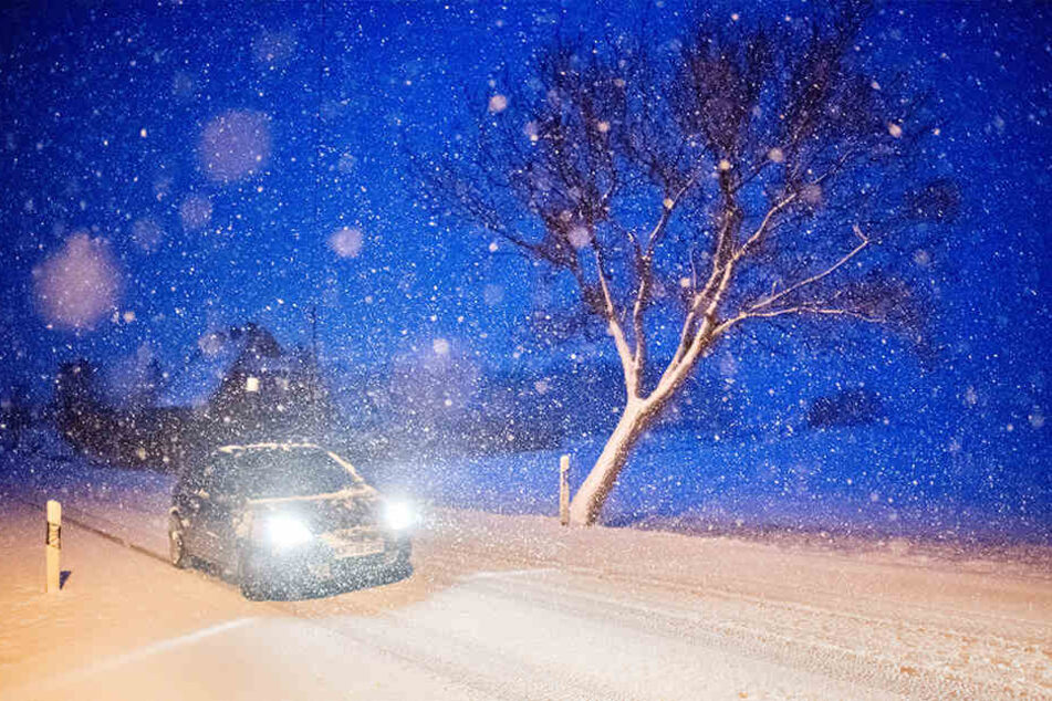 Autofahrer müssen sich durch dichtes Schneetreiben kämpfen.