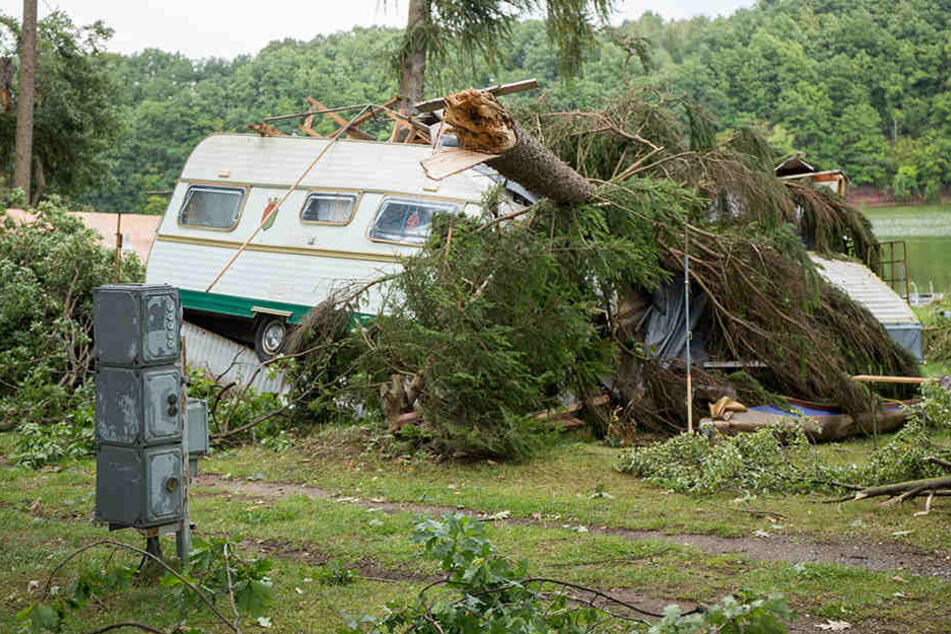 An der Koberbachtalsperre stürzte ein Baum auf einen Wohnwagen.