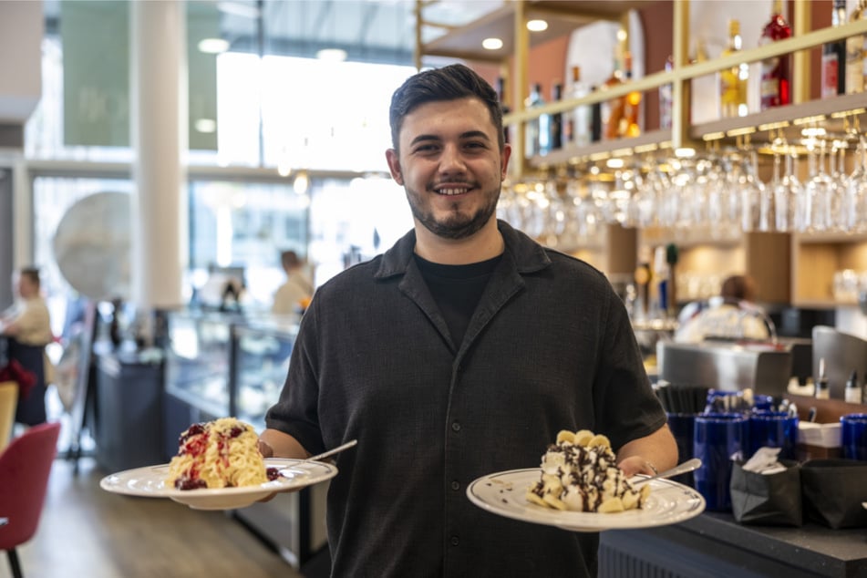 "Ferioli Gelato"-Filialleiter Michael Ens (26) mit Spaghetti-Eis.