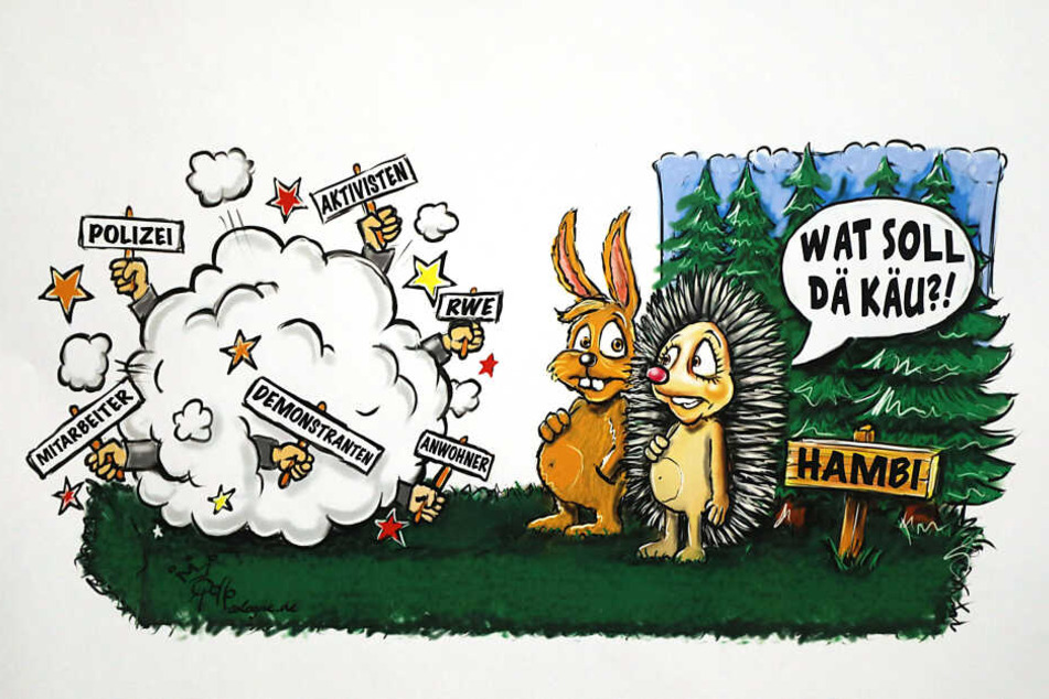 Die Reproduktion einer Zeichnung des Kölner Karikaturisten Rollo zeigt den an das Märchen "Der Hase und der Igel" angelehnten Entwurf für einen Motivwagen zum Thema Hambacher Forst.