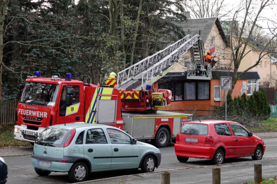Hier befreit die Feuerwehr den Imbiss von dem umgestürzten Baum. Anderthalb Stunden waren die Kameraden im Einsatz.