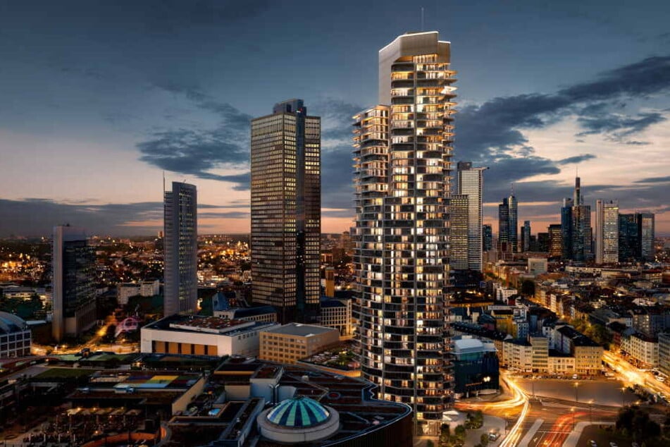 Die Visualisierung zeigt den geplanten Wohnturm "Grand Tower" in Frankfurt.