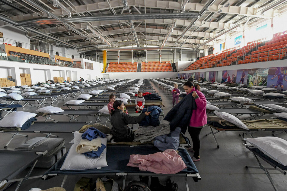 An indoor soccer arena converted to a refugee center in the Republic of Moldova.