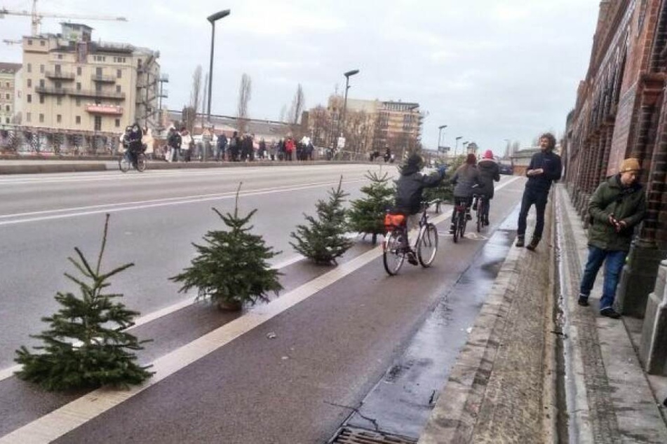 Weihnachtsbäume auf der Oberbaumbrücke.