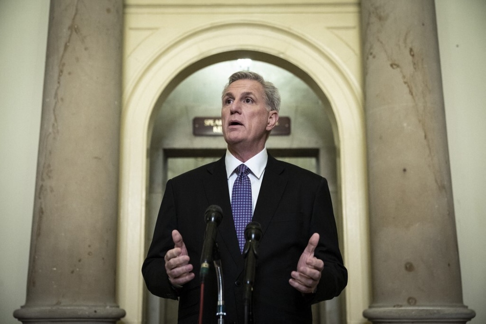 Speaker of the House Kevin McCarthy holds a news conference outside of his office at the US Capitol on January 24, 2023.