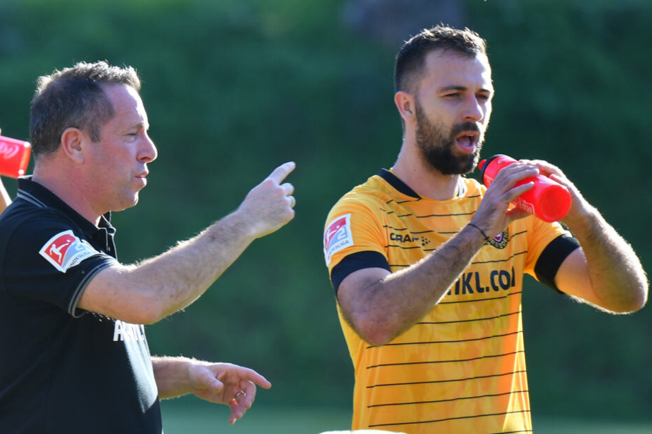 Verflixte Grippe: Dynamo-Coach Markus Kauczinski (kl.) muss in den kommenden beiden Partien auf Neruzugang Josef Husbauer verzichten.