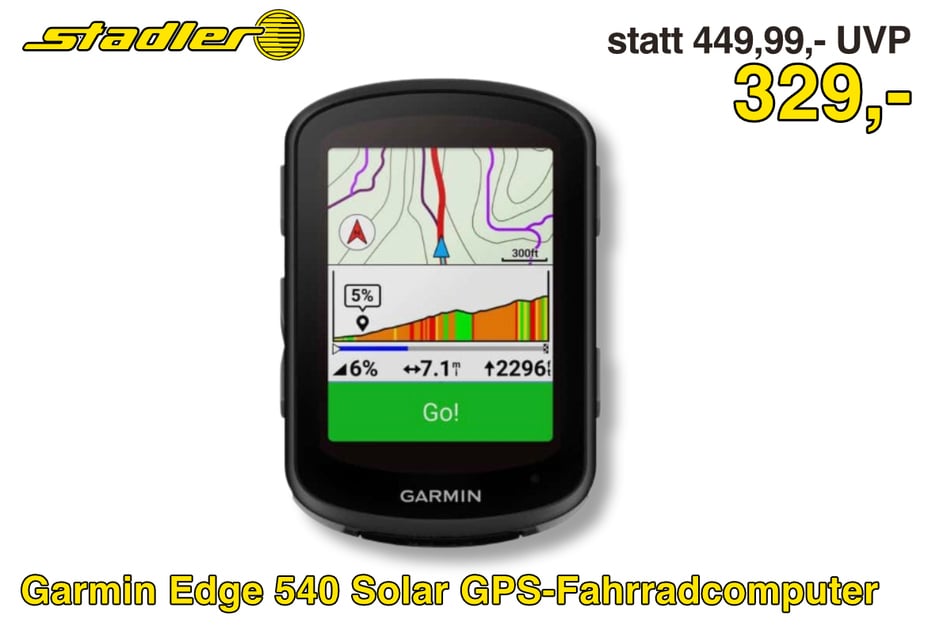 Der Garmin Edge 540 Solar GPS-Fahrradcomputer
für 329 statt 449,99 Euro.