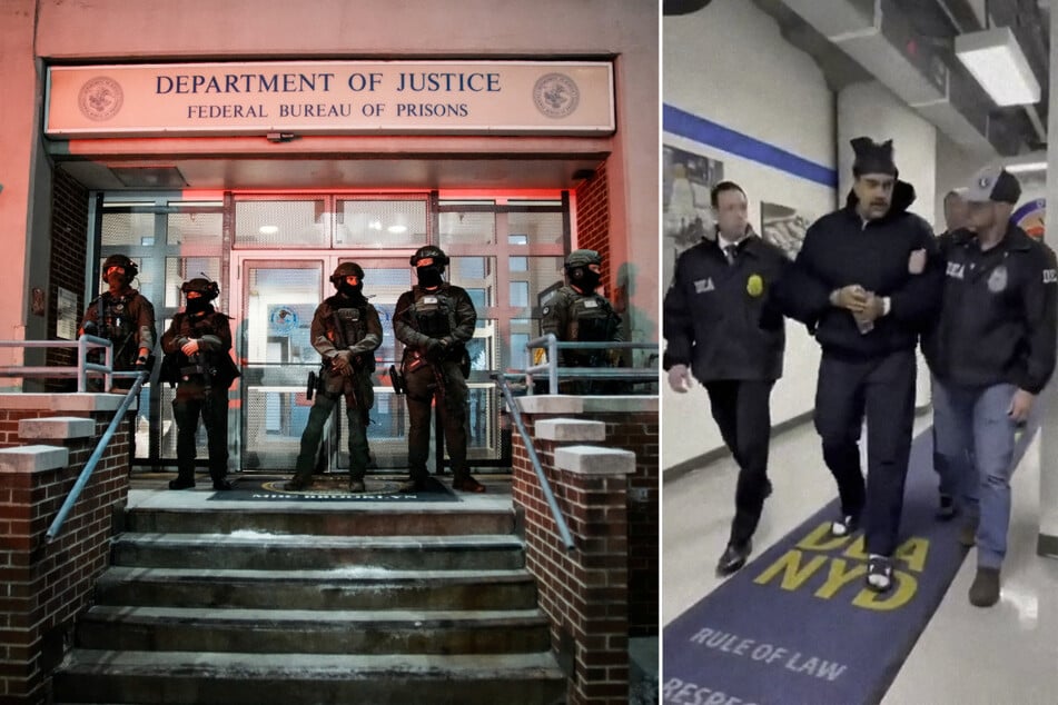 Left: Federal Officers stand guard outside the Department of Justice offices next to the Metropolitan Detention Center in Brooklyn on January 3, 2026. Right: Venezuela's President Nicolas Maduro is walked in custody down a hallway at the offices of the US Drug Enforcement Administration in New York City.