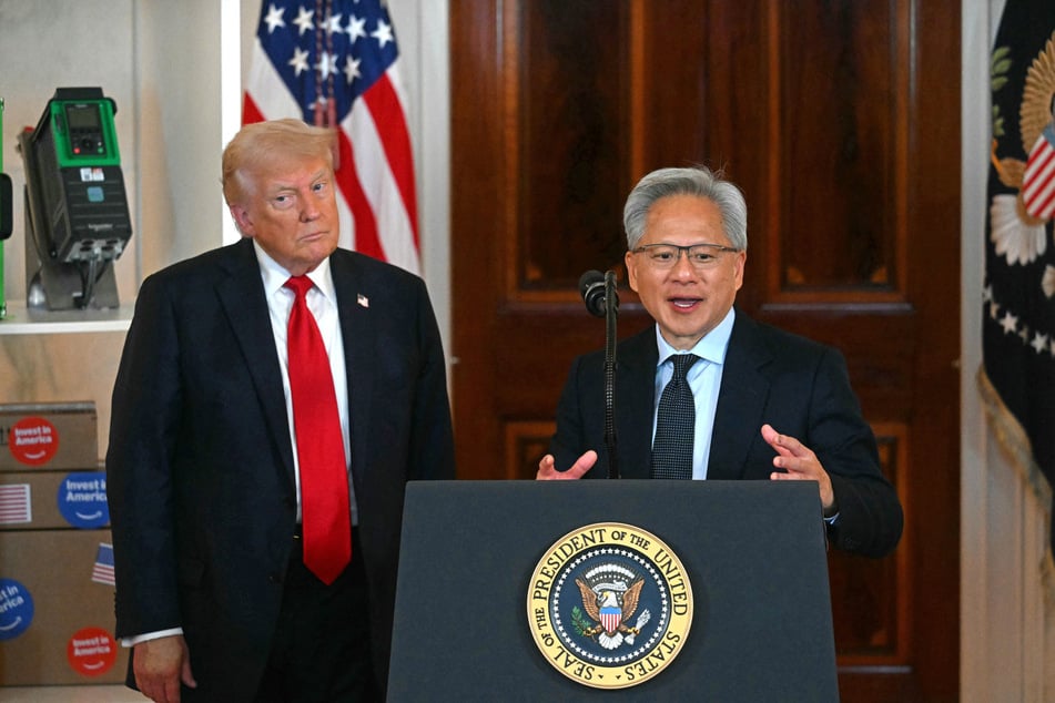Nvidia CEO Jensen Huang (r.) speaks alongside US President Donald Trump (l.) about investing in America, at the White House in Washington, DC, on April 30, 2025.