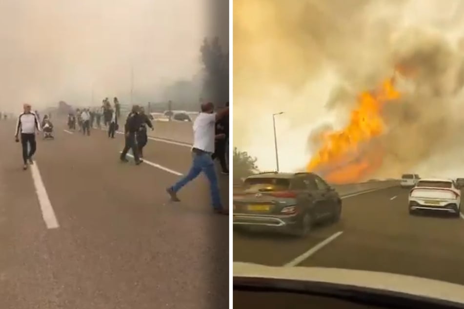 Feuer wütet auf der Autobahn, Menschen mussten ihre Autos stehen lassen.