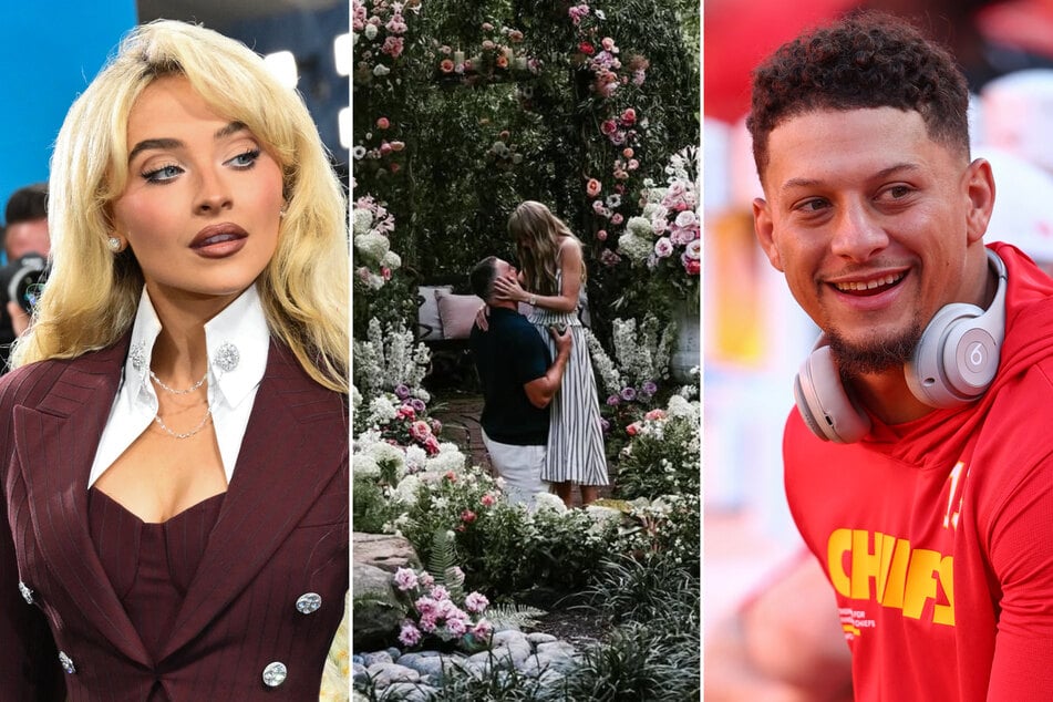 Sabrina Carpenter (l.), Patrick Mahomes (r.), and more stars spoke out about Taylor Swift and Travis Kelce's engagement news on Tuesday.