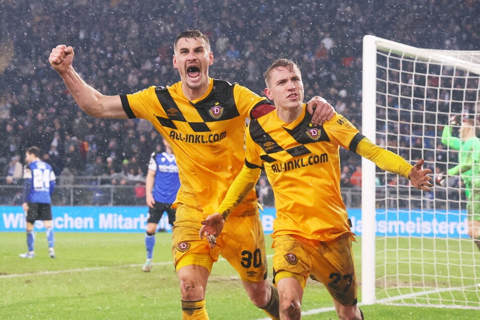 Im Vorjahr gewann Dynamo mit 1:0 in Bielefeld - würde reichen. Torschütze damals war Niklas Hauptmann (r.), der den Treffer mit Stefan Kutschke feierte.